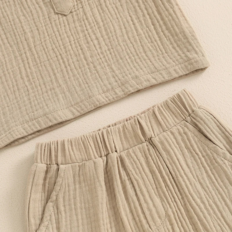 Little Boys Summer Gentleman Outfit Set - Solid Short Sleeve Top & Elastic Waist Shorts (0-4Y)