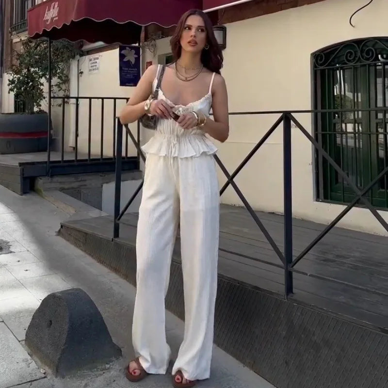 Women's Summer Tie Front Pleated Cami Top & Flare Pant Set - 2 Piece Holiday Outfit