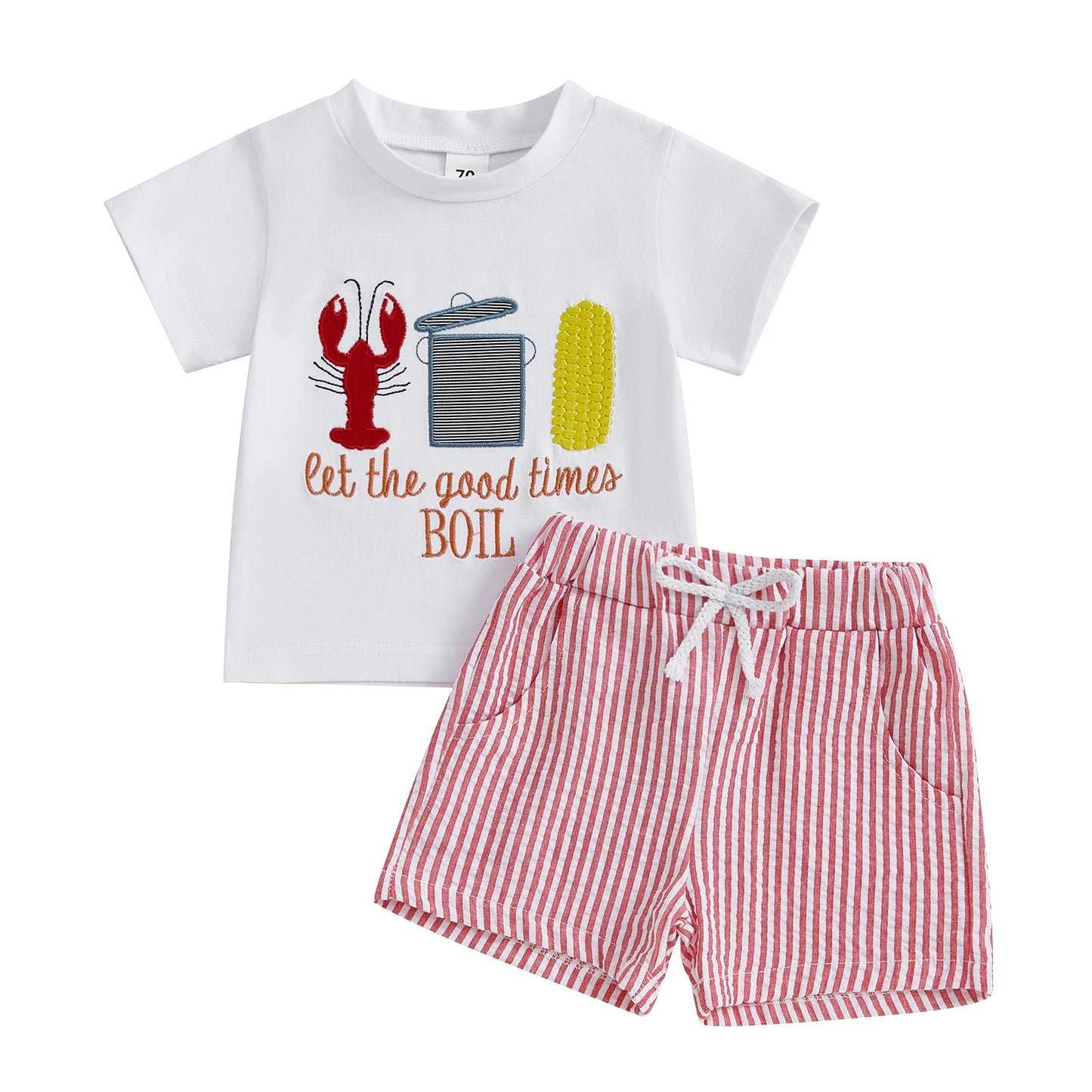 0-7Y Casual Kids Boys Summer Clothes Sets 2pcs Short Sleeve O Neck Lobster Letter Print T Shirts and Striped Shorts