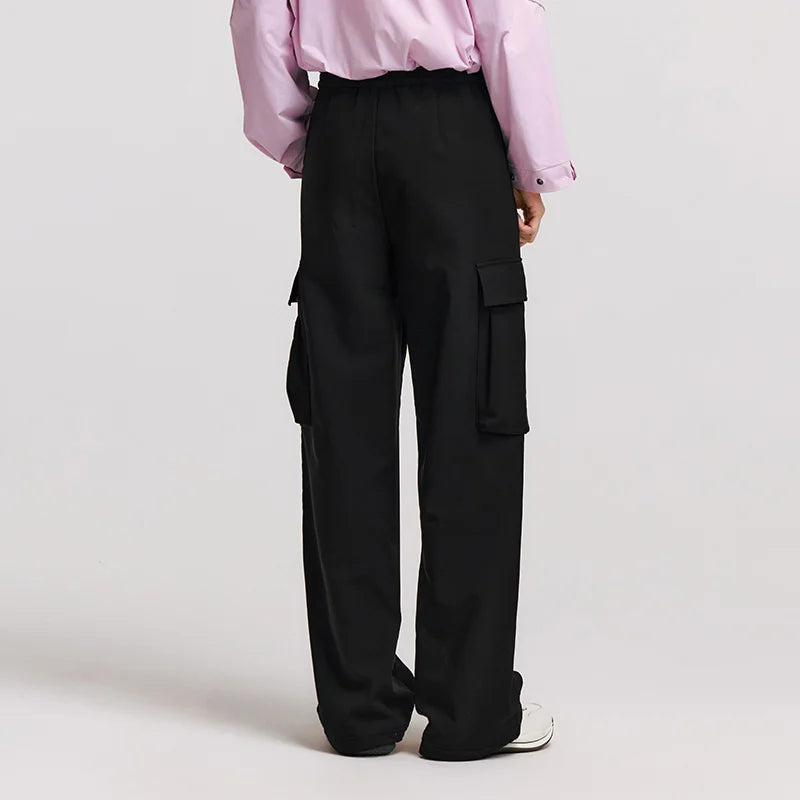 Winter Women's Fleece Wide Leg Pants - Black Cargo Streetwear Casual