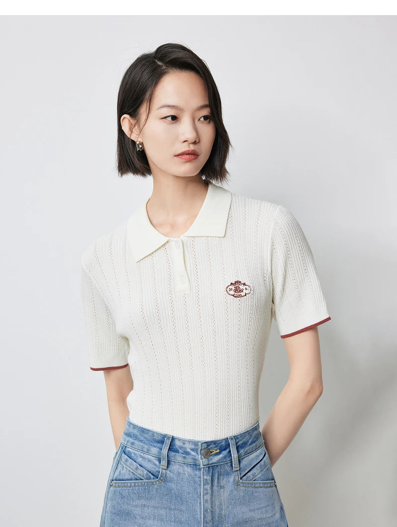 Women's Knitwear Contrast Color Hollow Out Polo Neck Short Sleeve Shirt