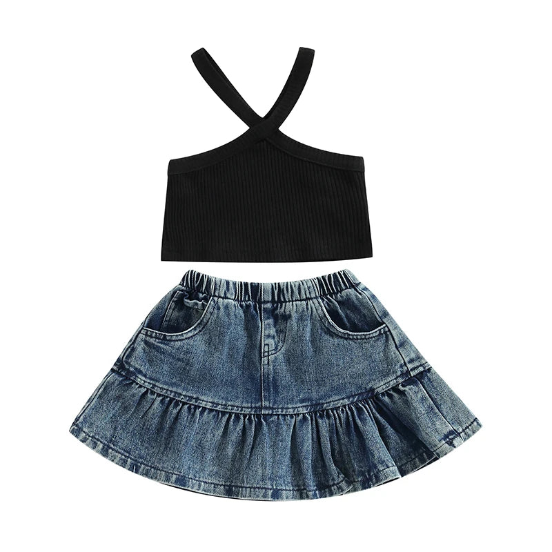 1-5Y Fashion Kids Girl Summer Clothes Sets -  Solid Colour Ribbed Camisole Elastic Denim Skirt Set