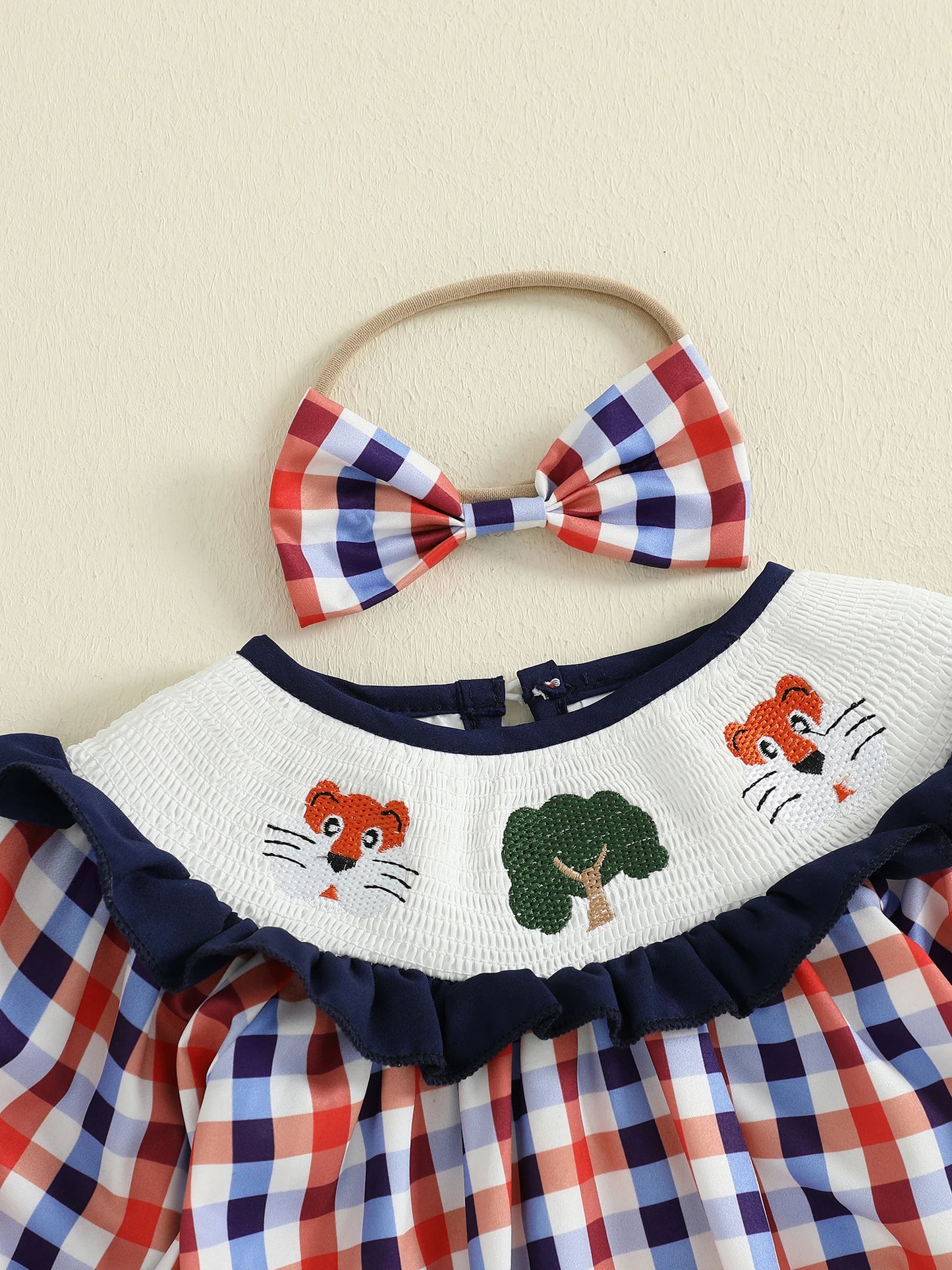 Toddler Baby Girls' Plaid Romper Dress - Animal Embroidery Smocked Jumpsuit with Headband