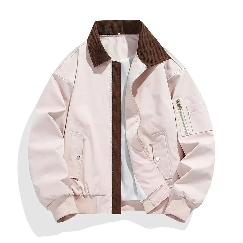 Men's Vintage Cargo Bomber Jacket - Patchwork Turn Down Collar Casual Outerwear