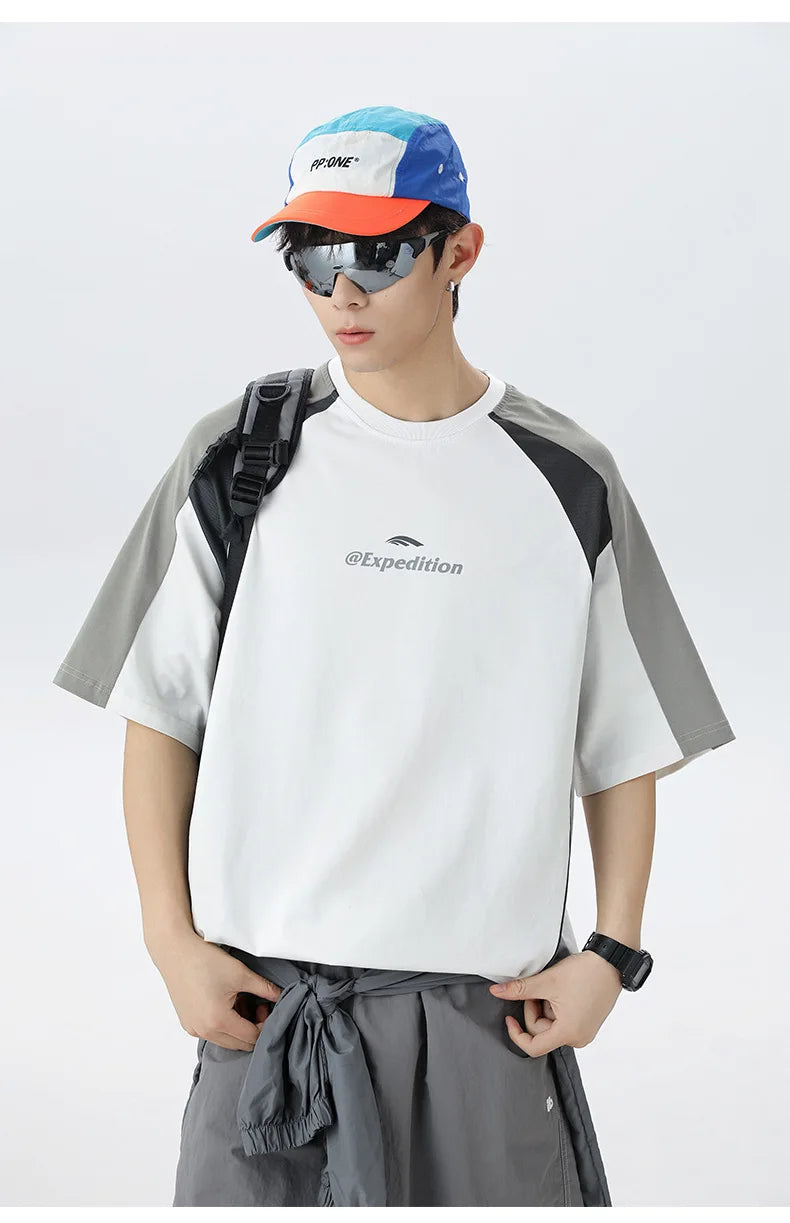 Men's Sports T-Shirt Mesh Breathable Colour Block Letter Print Short Sleeve