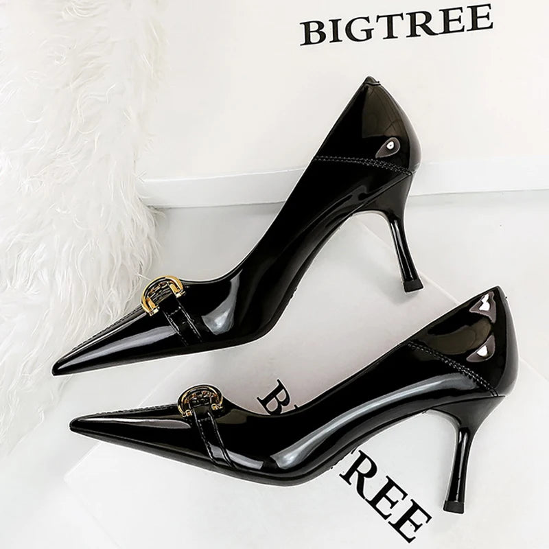 Women's Metal Buckle Patent Leather High Heel Shoes