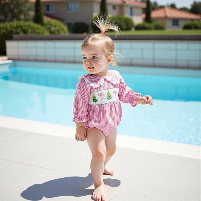 Baby Plaid Print Romper - Long Sleeve Bow Embroidery Doll Collar Jumpsuit