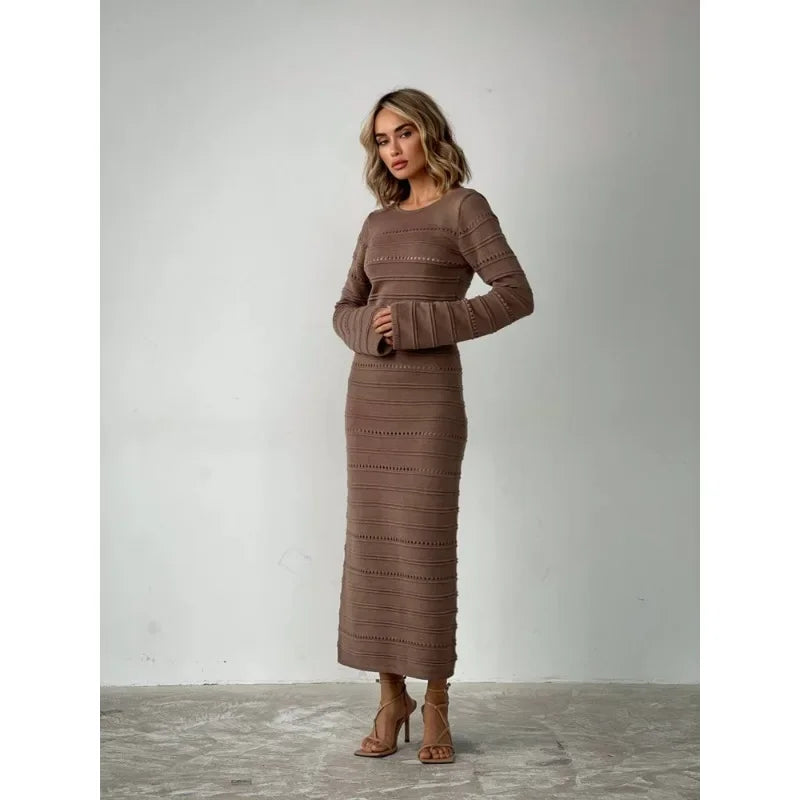 Women's Striped Hollow Two-Wear Knitted Long Dress  Sweater Dress