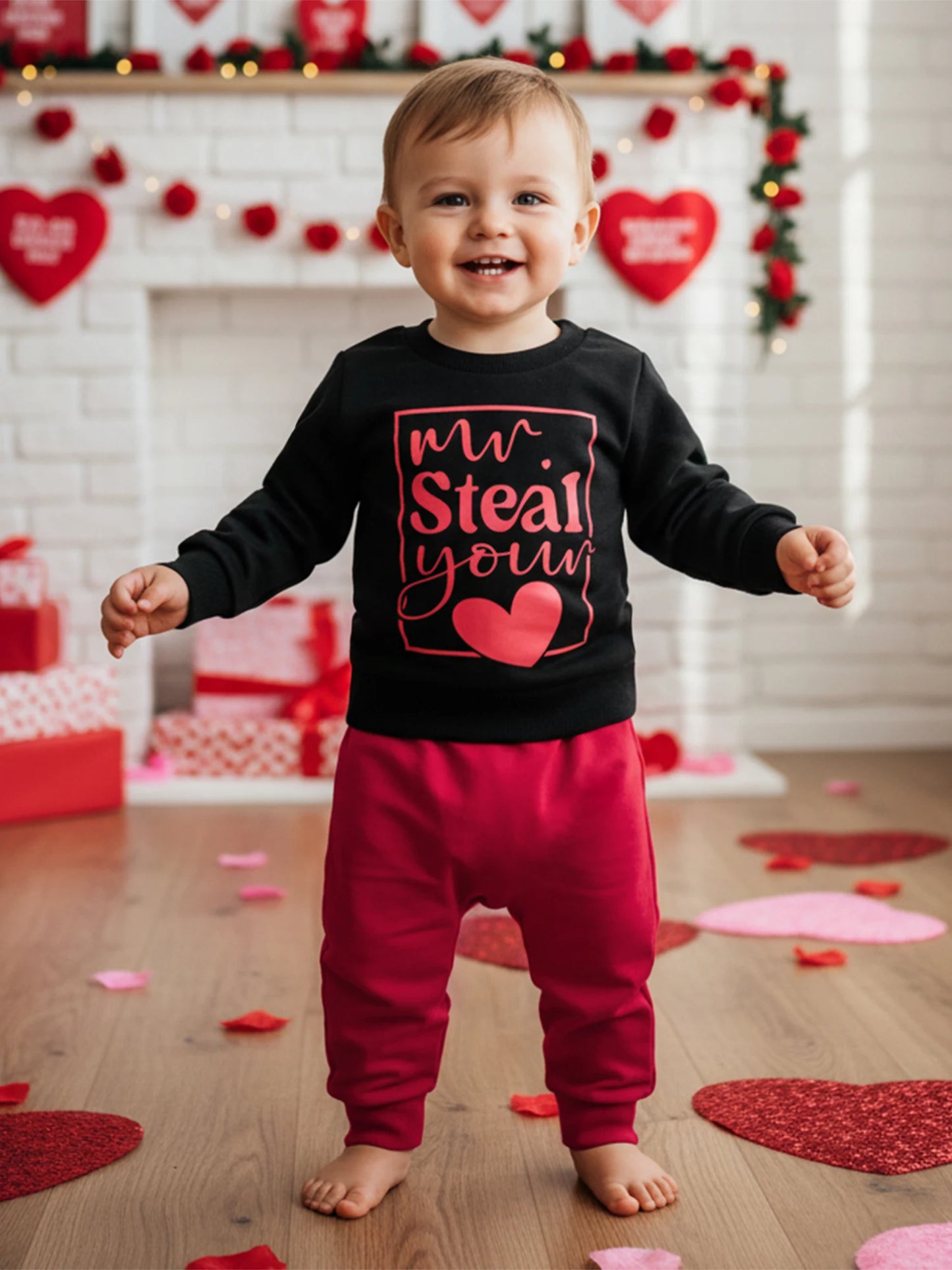 Baby Boys Valentine's Day Outfit Set - Heart Print Sweatshirt & Pants