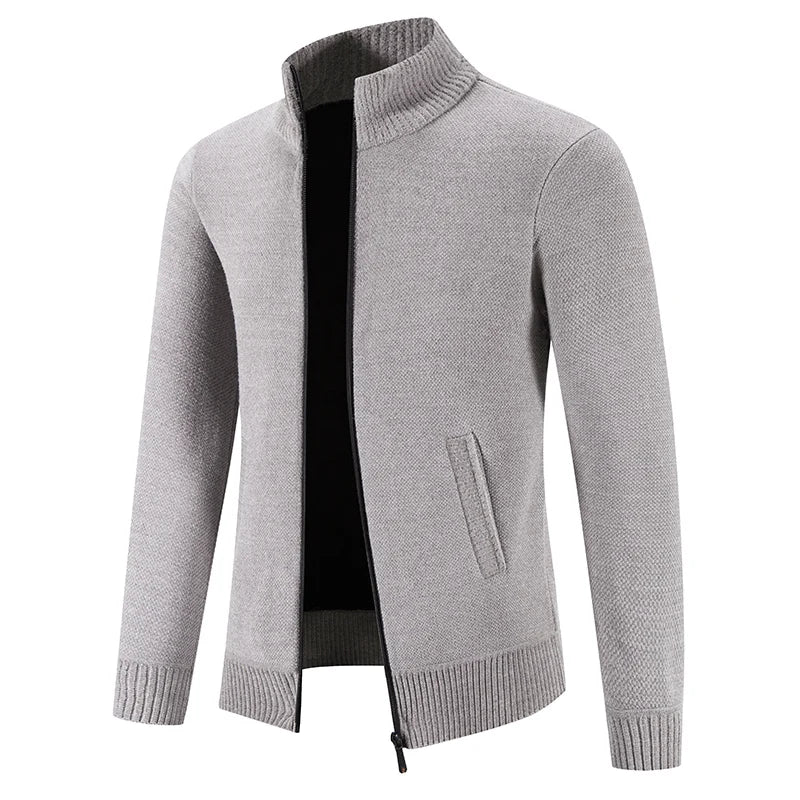 Men's Thick Knit Zip-Up Cardigan with Stand Collar