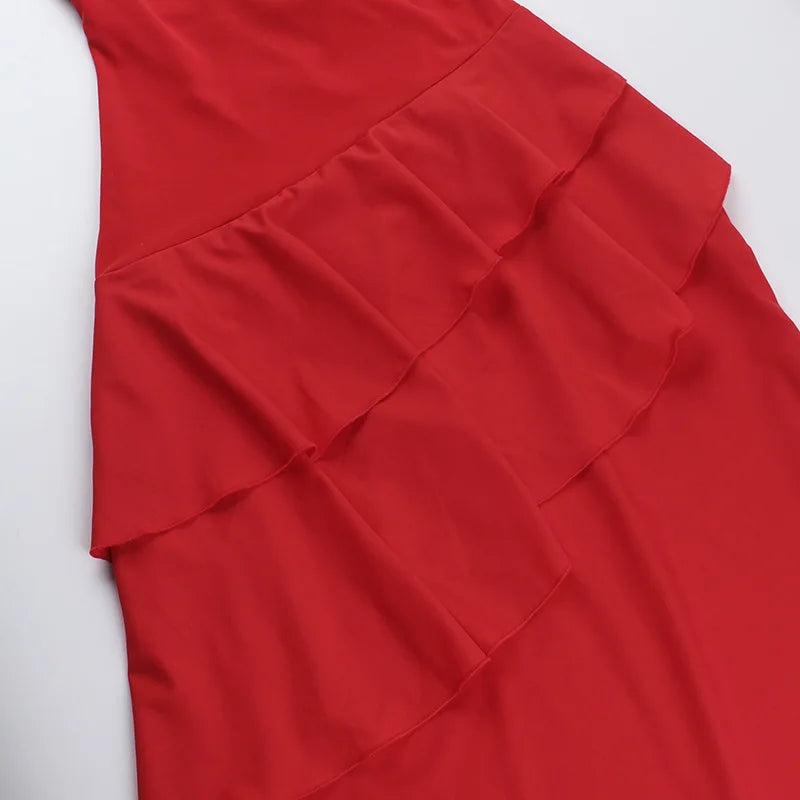 Women's Red Ruffled Slip Maxi Dress - Backless Summer Vacation Dress