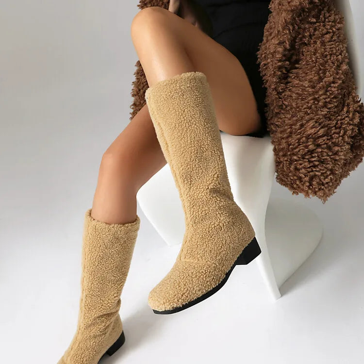 Women's Artificial Wool Winter Knee High Boots with Short Plush Lining