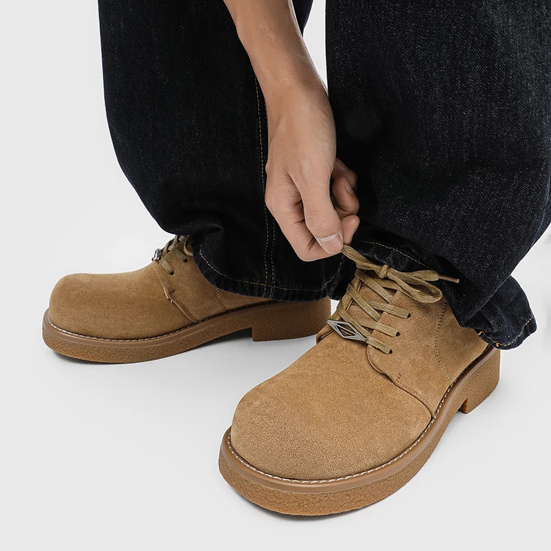 Men's Suede Leather Platform Work Shoes - Lace-Up Business Sneakers