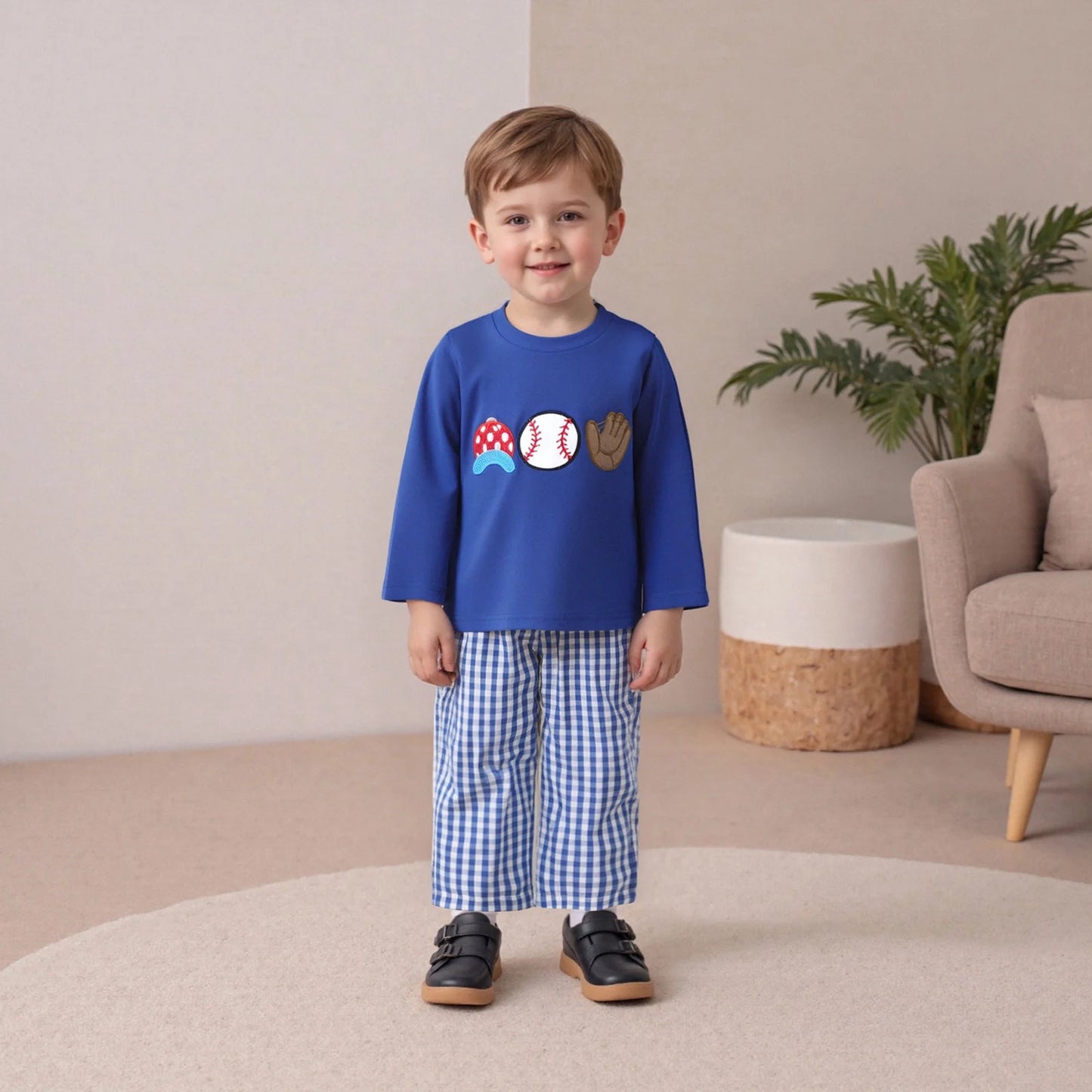 Autumn Winter Baby Boys Clothing Set - Baseball Embroidery Sweatshirt & Plaid Pants