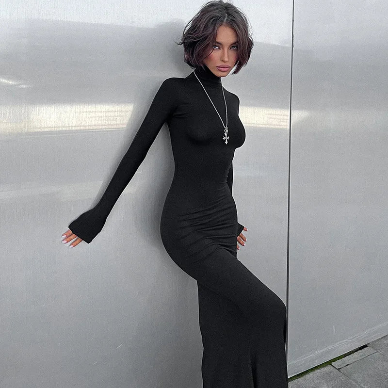 Women's Turtleneck Elegant Long Sleeve Maxi Bodycon Dress