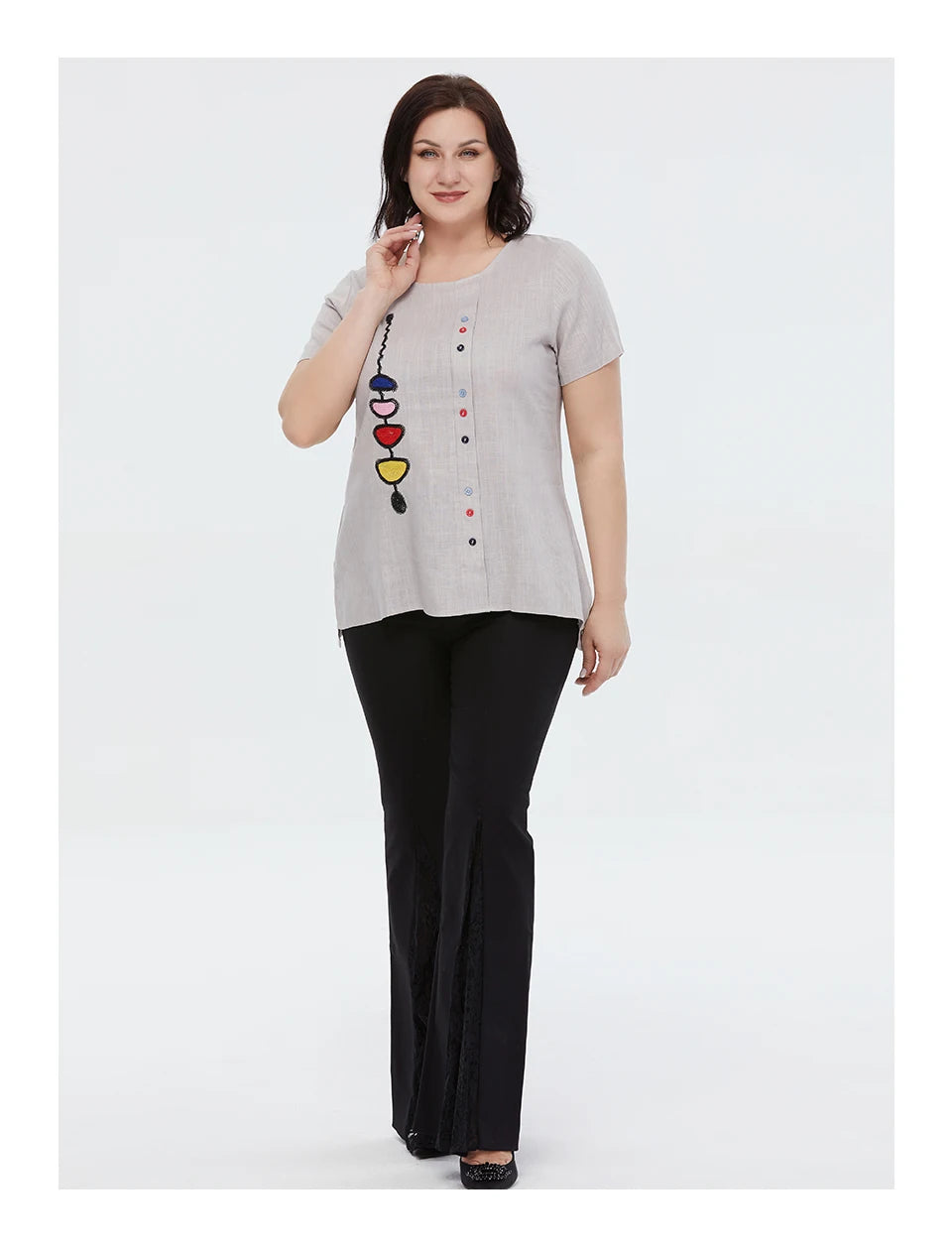 Women's Summer Cotton Linen  Oversized Short Sleeve Sequins Button Top