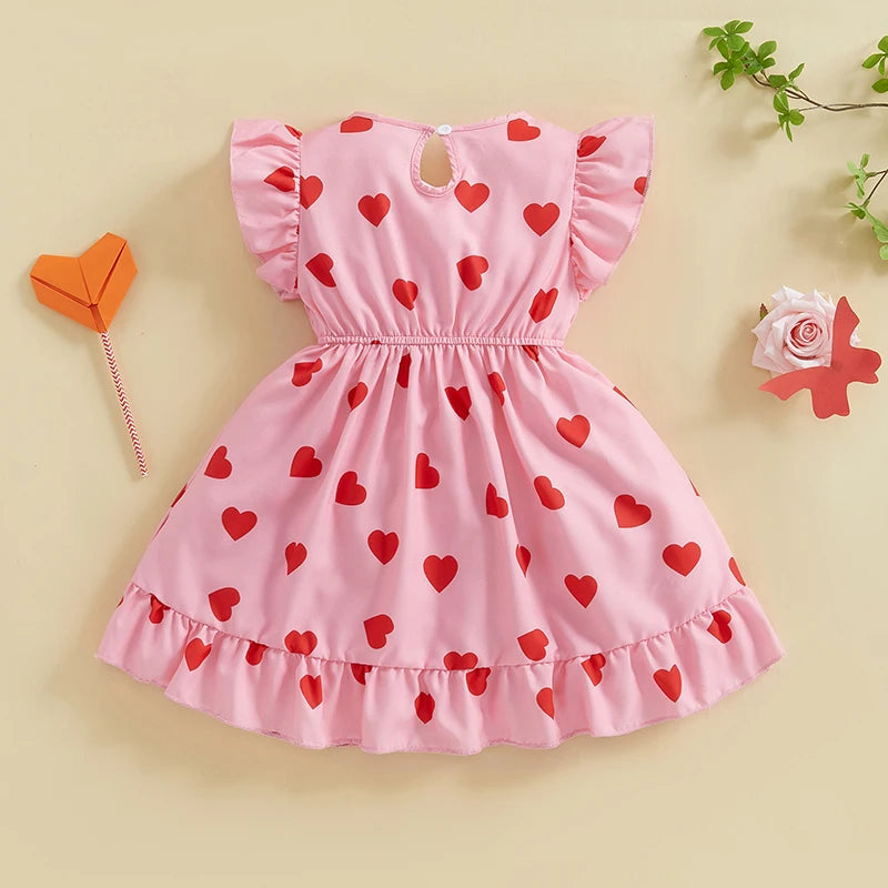 Girls' Valentine's Heart Print Dress - Flutter Sleeve V-Neck A-Line Dress