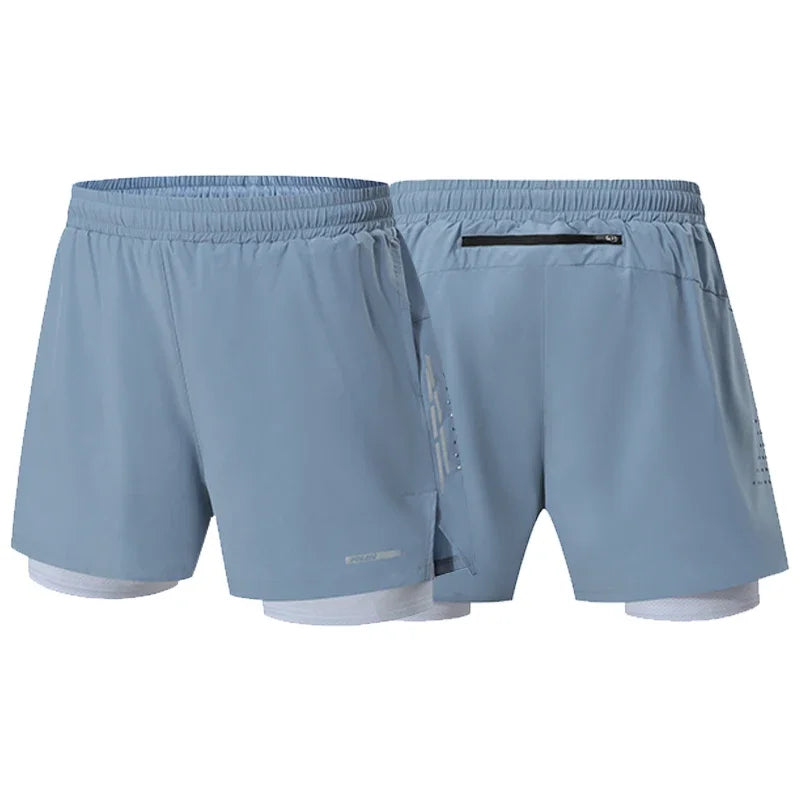 Men's Summer Swim Gym Sportswear 2 in 1 Compression Jogging Shorts Beach Casual Pants Double-deck Bottoms with Zipper Pockets