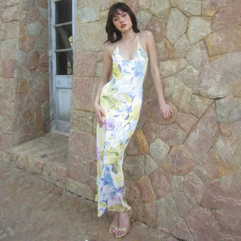 Women's Backless Floral Print Slip Maxi Sleeveless Long Dress Robe Elegant Outfit