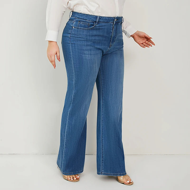 Women's Plus Size Wide Leg Straight Fitting High Waist Stretchy Washing Full Length Jeans