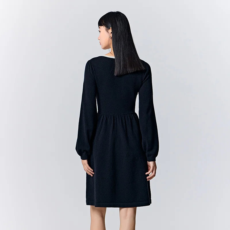 Women's Color Block Knit Dress - Square Neck French Style Slim Fit Winter 2025