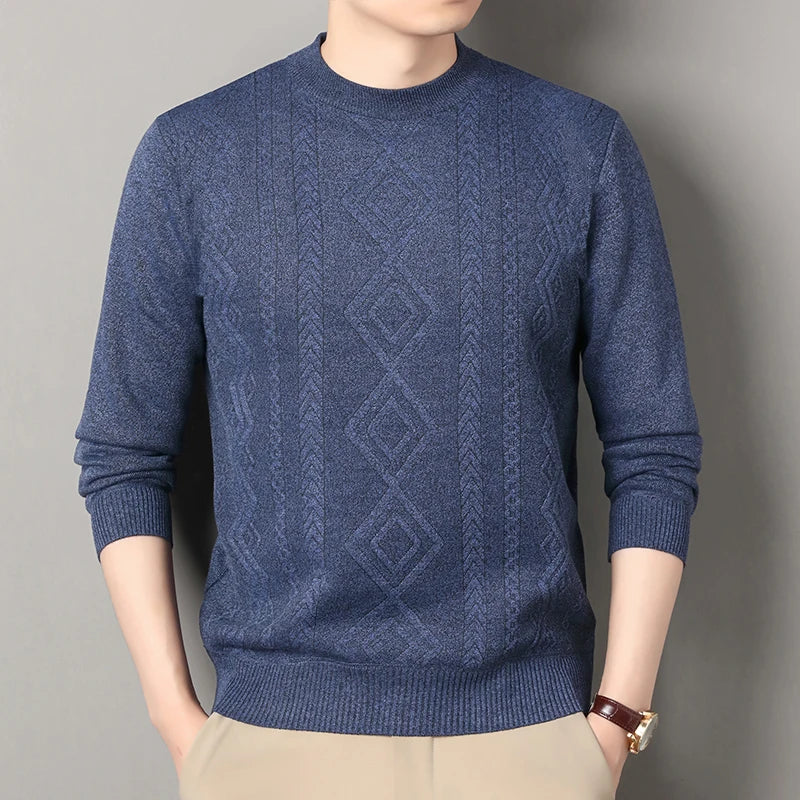 O-Neck Fleece Pullover - Thick Knitted Geometric Sweater