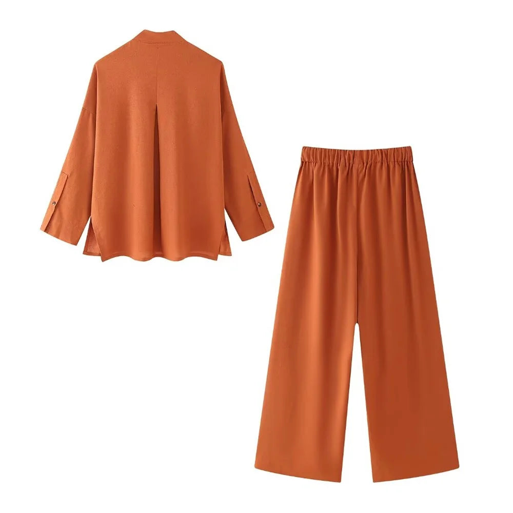 Women's V-neck Linen elastic waist wide-leg Trousers suit