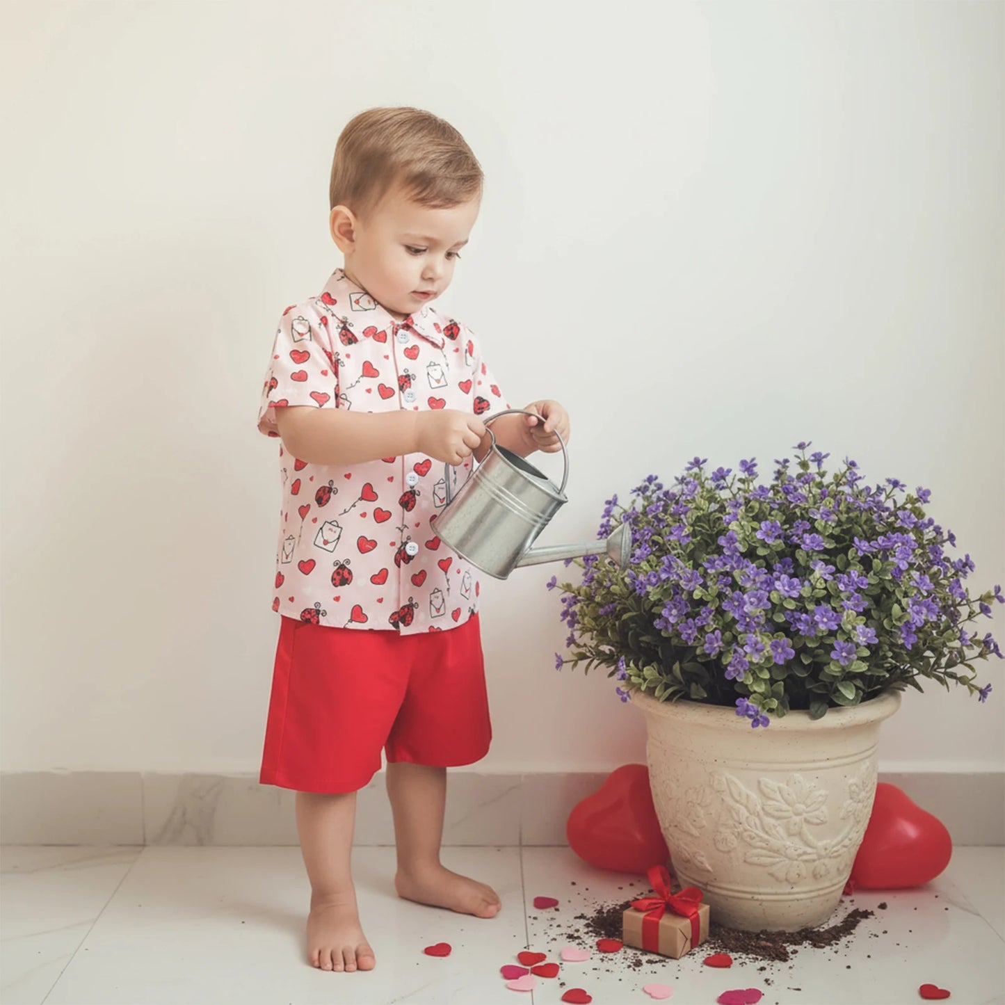 Toddler Boys Valentine's Day Gentleman Outfit Set - Heart Print Shirt & Shorts 1-5Y