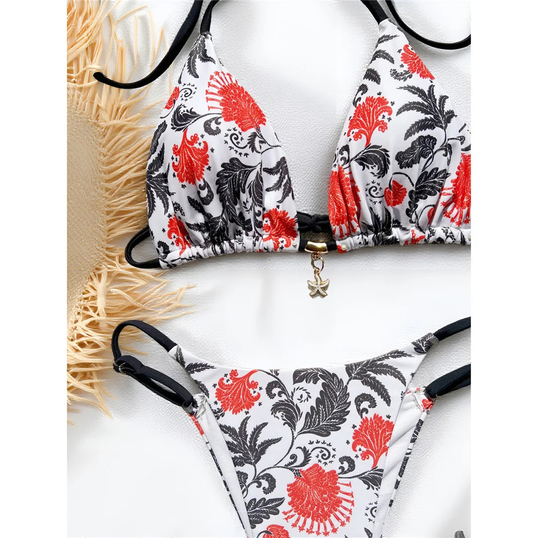 Women's Printed Halter Bikini Swimwear Swimsuit Two-pieces Bikini Set