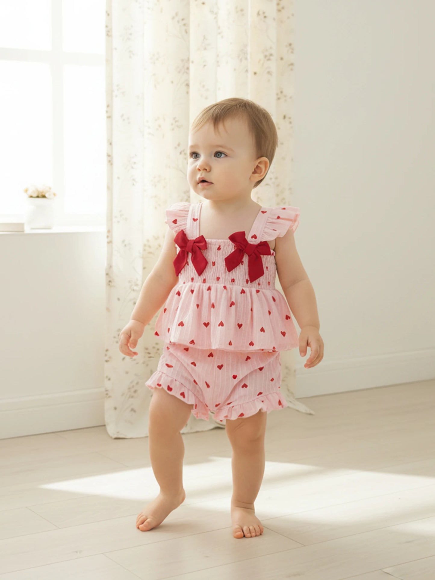 Toddler Girls Valentine's Day Ruffle Shoulder Strap Heart Print Top and Shorts Set