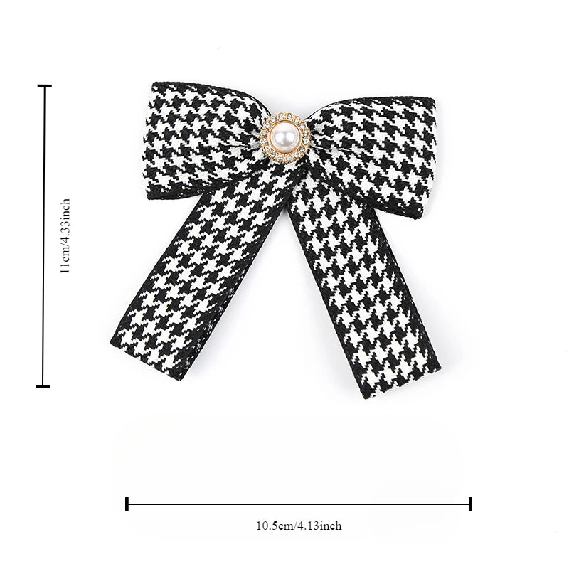 Houndstooth Ribbon Bow Brooch with Pearl
