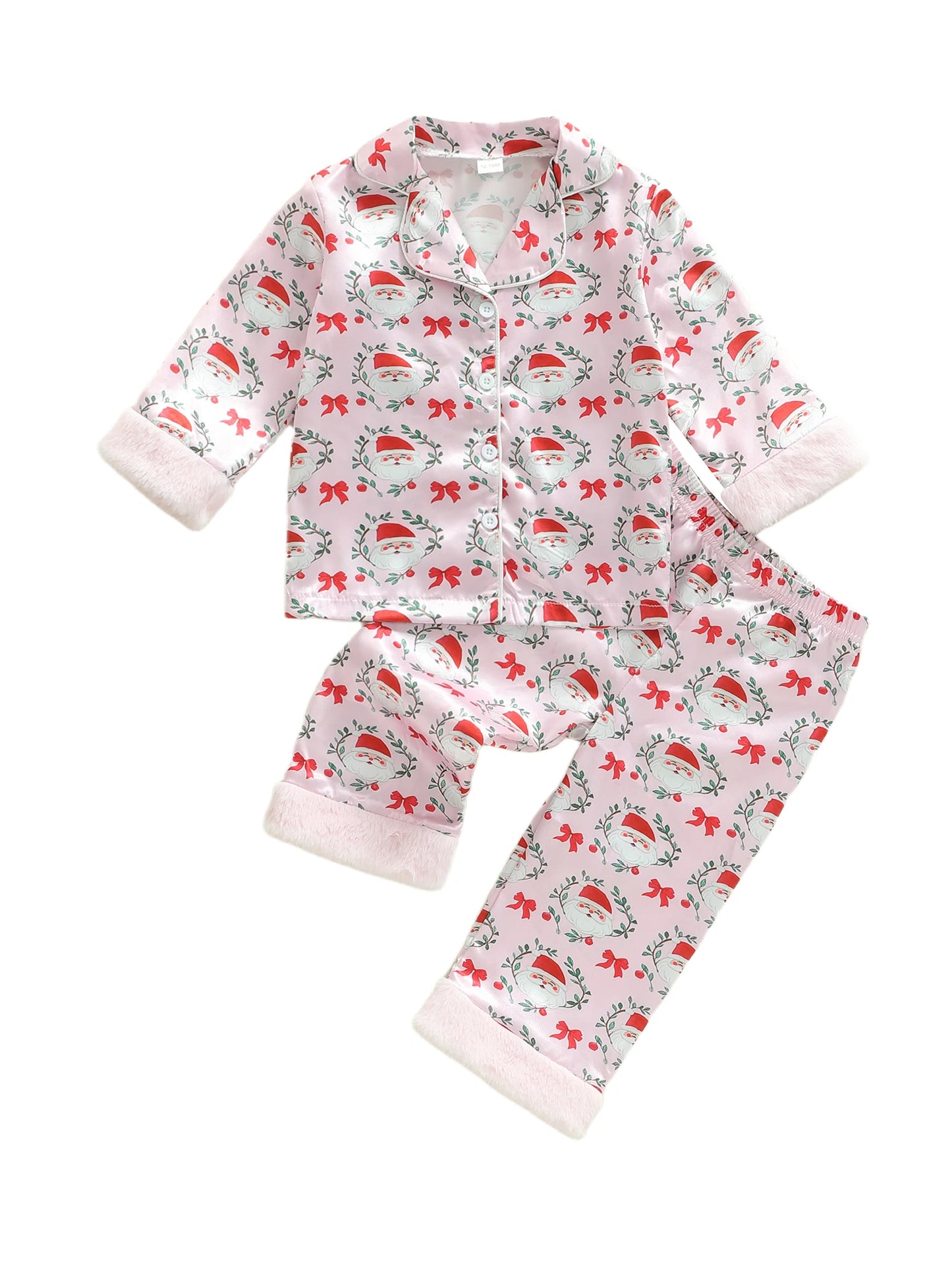 Toddler Girls Christmas Pajamas Set - Santa Claus Bow Print Long Sleeve Top & Pants 1-5Y