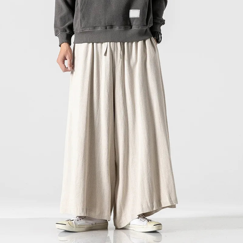 Men's Loose Wide Leg Cotton Linen Trousers with Elastic Waist