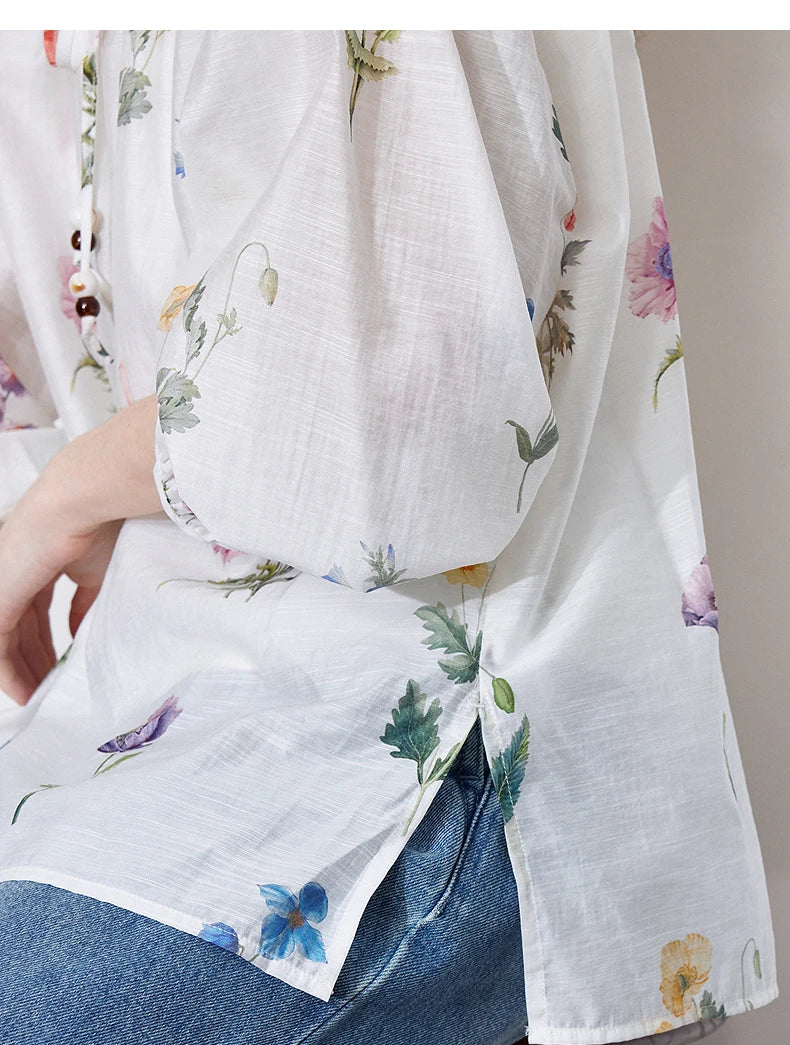 Women's Linen Blend Floral Print Blouse | Lantern Sleeves | O-Neck | Loose Fit | White | Spring Summer