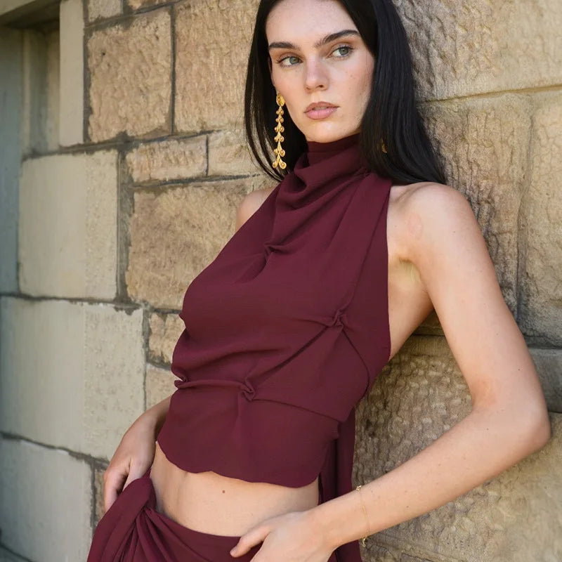 Women's Halter Lace Up Backless Tanks Top  Camis Sleeveless Pleated Top
