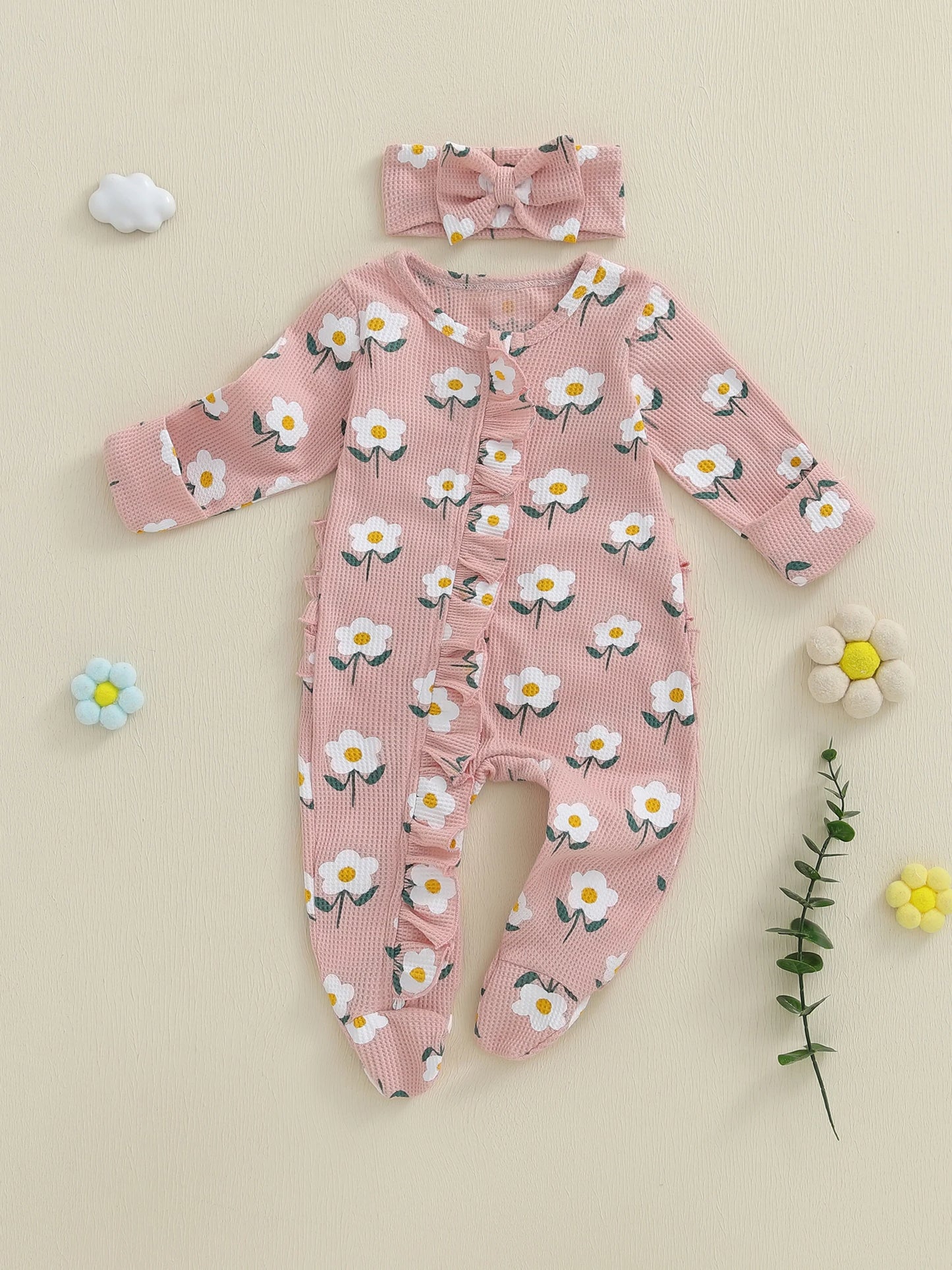 Lovely Newborn Baby Floral Print Romper with Headband (0-12M)