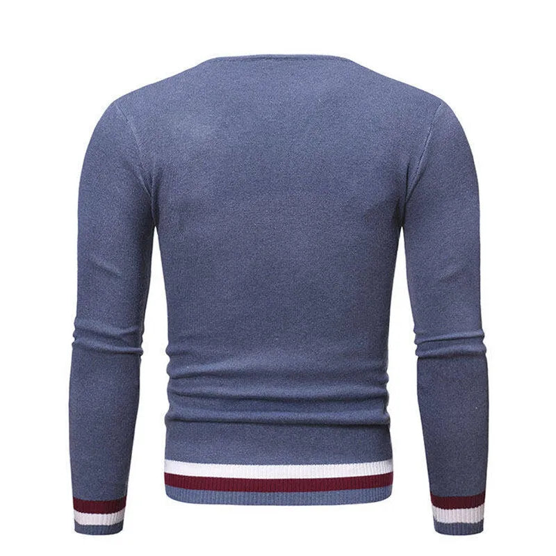 Men's O-Neck Knit Pullover - Long Sleeve Patchwork Sweater