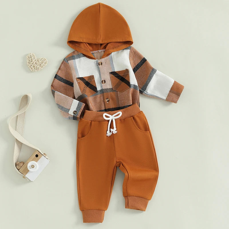 0-24M Baby Boys 2-Piece Clothing Set - Long Sleeve Plaid Hooded Romper with Pants