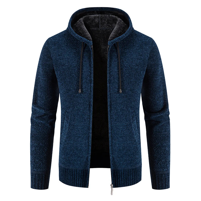 Men's Hooded Fleece Cardigan - Warm Knitted Sweater Jacket with Zipper