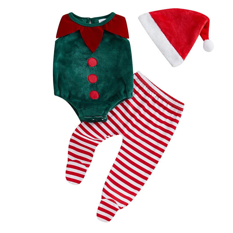 0-18M 3pcs Infant Baby Boys Christmas Clothes Sets Sleeveless O Neck Romper Striped Pants Hat Sets