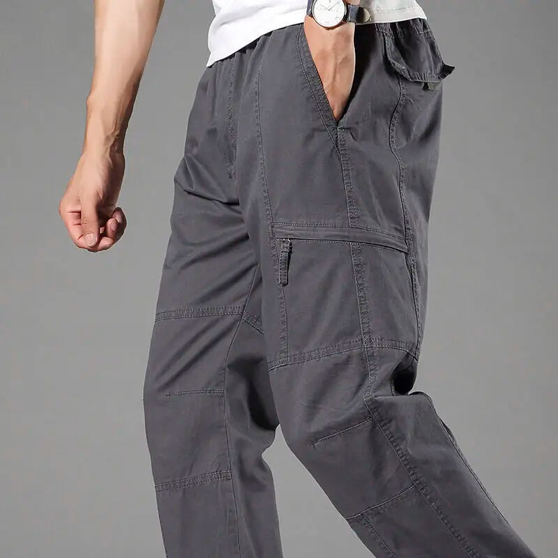 Men's Cotton Cargo Pants - Spring Autumn Multi-Pocket Drawstring Trousers