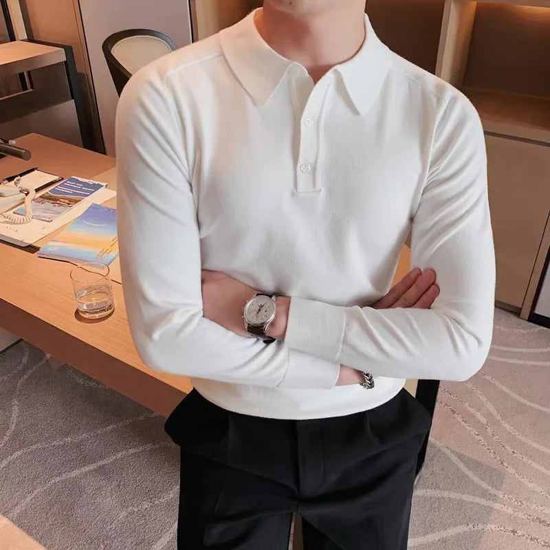 Slim Fit Knitted Polo Shirt - Long Sleeve Solid Turn Down Collar