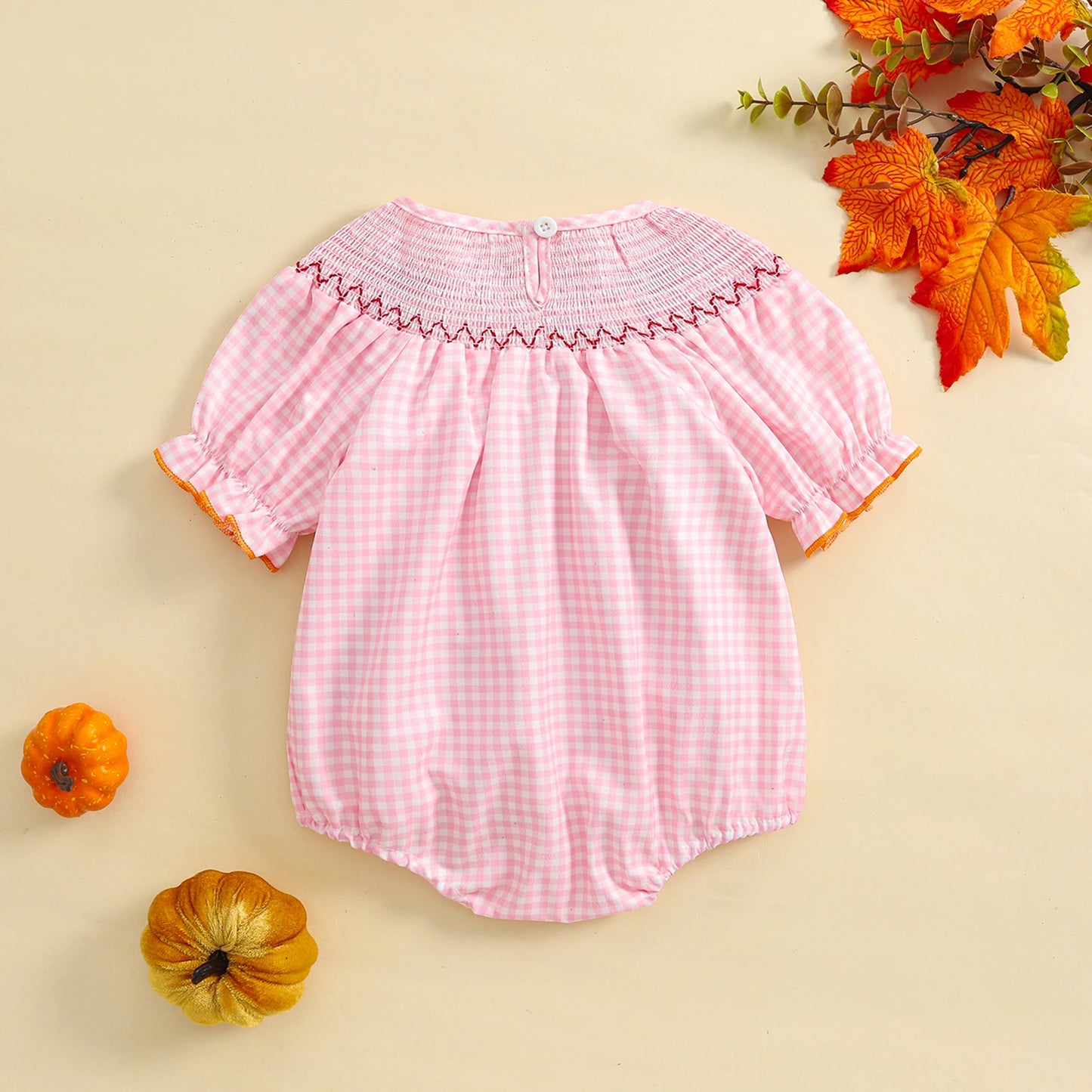 0-3Y Baby Girls Boys Romper Pumpkin Embroidered Plaid Print Short Sleeve Ruffled Jumpsuits