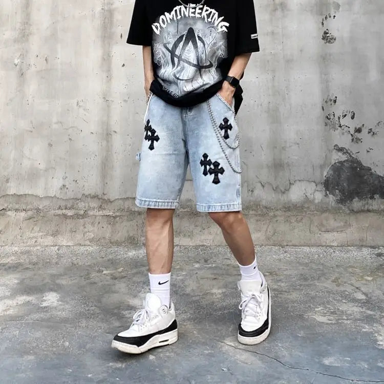 Men's Versatile American Cross Embroidery Washed Denim Shorts