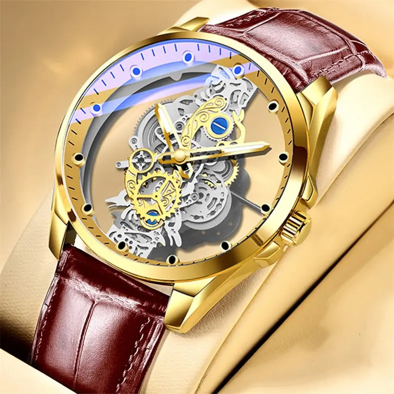 Gold Luxury Watch Men Hollow Creative Leather Man Wristwatch Waterproof Sliver Business Stainless Steel Bracelet Erkek Kol Saati