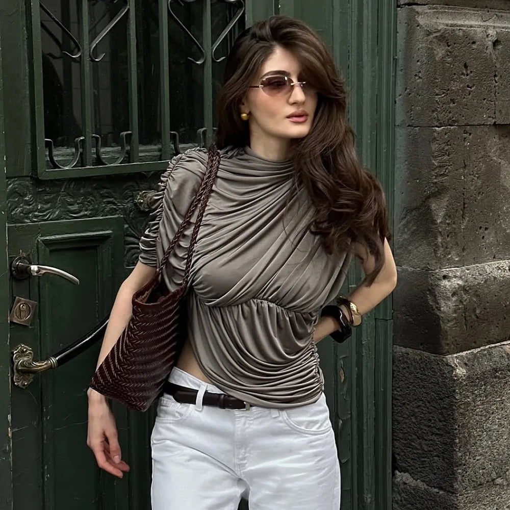 Women's Ruched Asymmetrical Sleeveless Top - Chic Summer T-Shirt