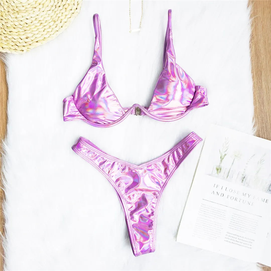 Women's V-Bar Underwired Bikini Set | V-Shape Wire Padded Two-Piece Swimwear