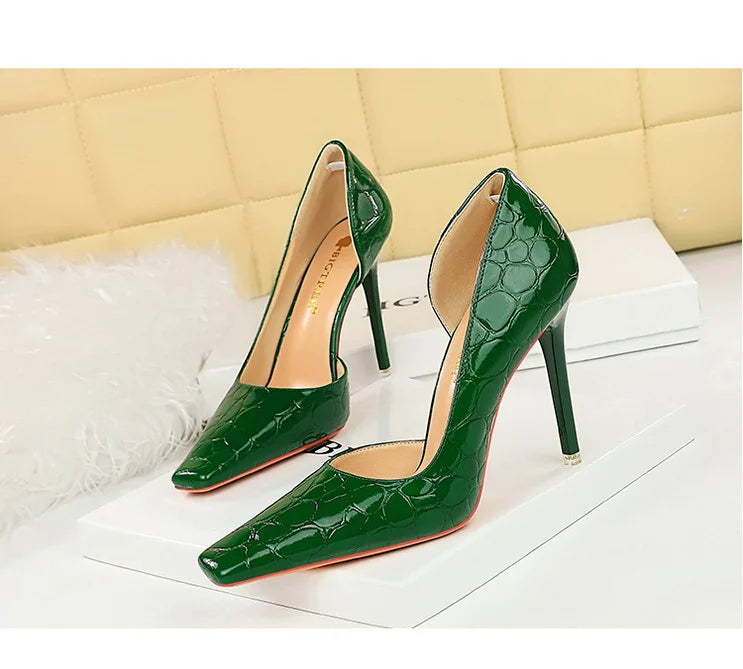 Women's Patent Leather Stone Pattern High Heels Square Head Stilettos Shoes