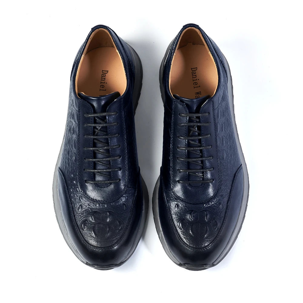 Men's Genuine Leather Crocodile Pattern Oxford Sneakers – Lace-Up Casual Flat Shoes