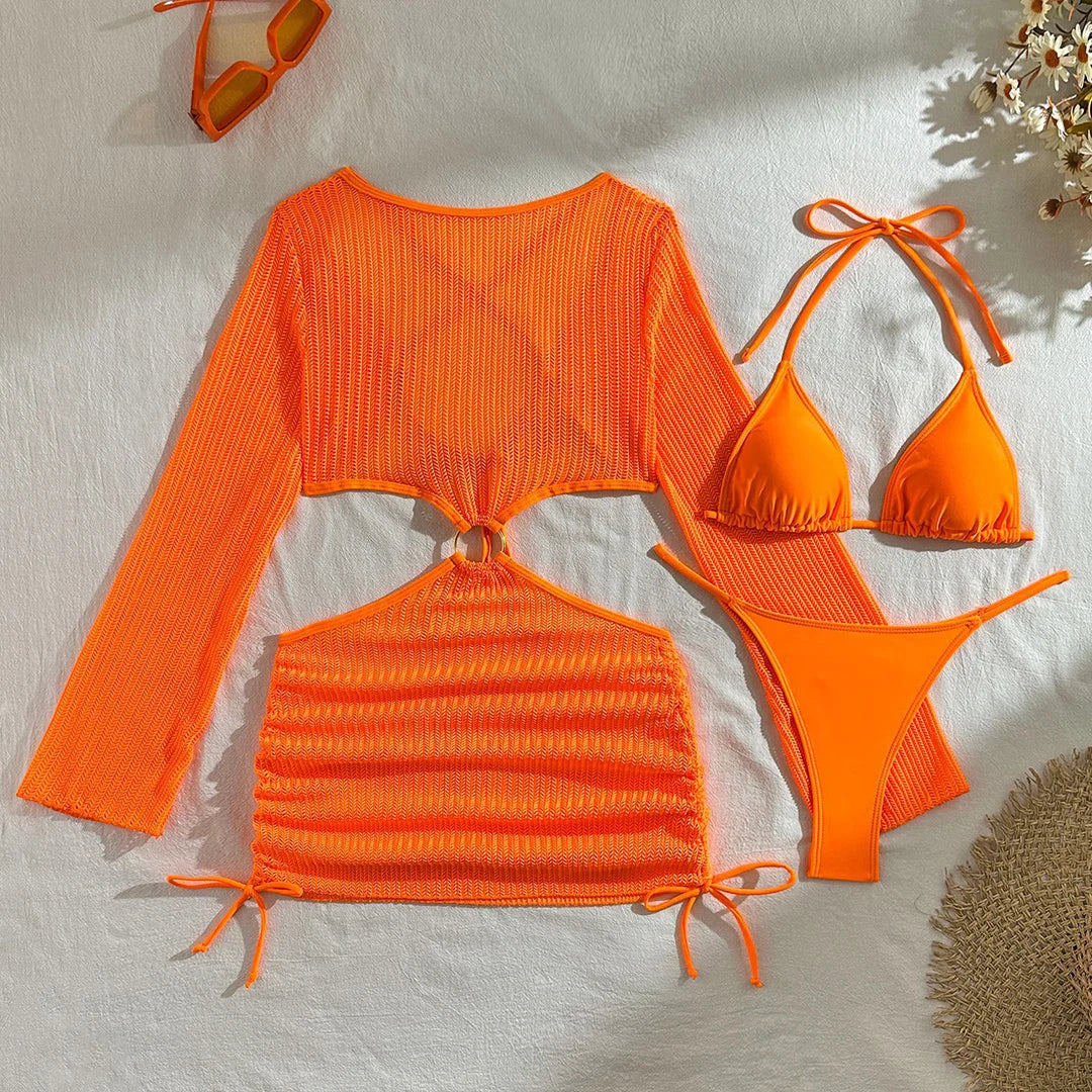 Women's Halter Bikini Set with Long Sleeve Cover-Up | Three-Piece Wire-Free Padded Swimwear